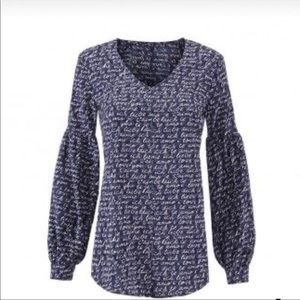CAbi Love 5336 Blue & White Te Amo Print Blouse Women's Size Small